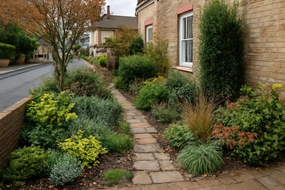 A narrow street-facing garden with layered planting and a small path